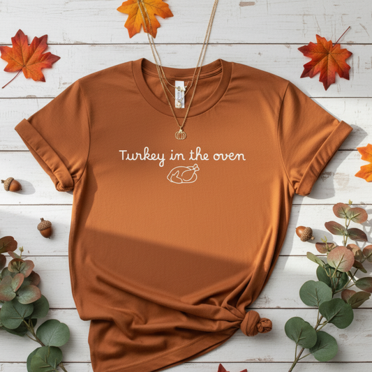 Turkey in the Oven T-Shirt | Thanksgiving Pregnancy Announcement Tee | Fall Maternity Shirt | Funny Holiday Baby Reveal | Comfort Colors