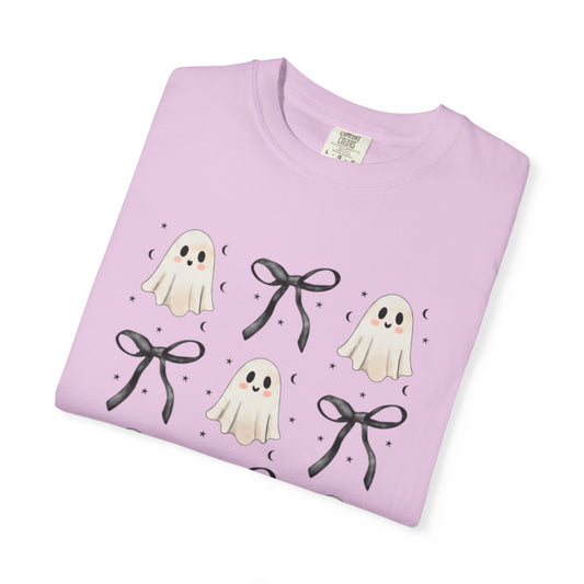 Whimsical Ghost T-Shirt, Cute Bow Pattern Spooky Season Tee, Feminine Halloween All Over Print Shirt, Cottagecore Fall Apparel, Trendy Gift