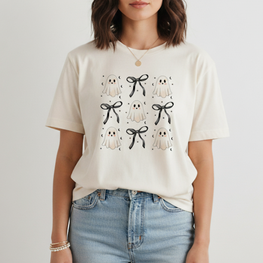 Whimsical Ghost T-Shirt, Cute Bow Pattern Spooky Season Tee, Feminine Halloween All Over Print Shirt, Cottagecore Fall Apparel, Trendy Gift